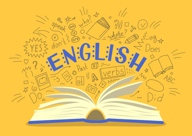 GCSE tutors banner with English Open book with language hand drawn doodles and lettering on yellow background. Education vector illustration.