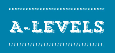 Text reading "A-LEVELS" in a bold, vintage-style font is centered on a blue background. The text is framed by a decorative border composed of small plus signs on the top and white lines on the bottom.