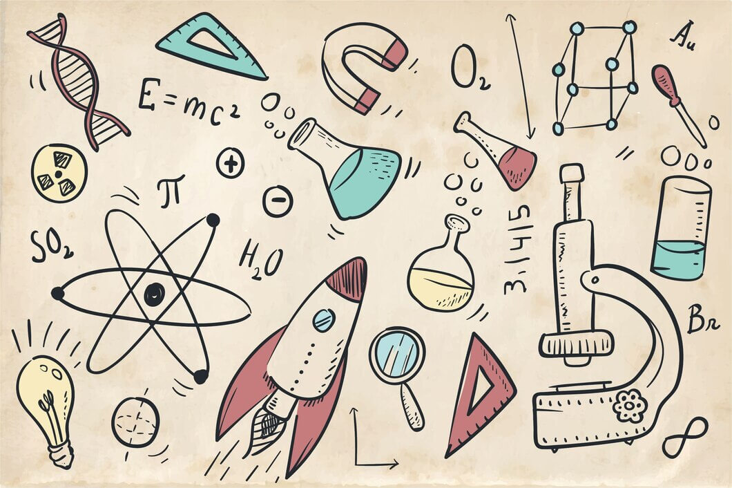 A hand-drawn illustration features various science-related doodles, including a DNA helix, beakers, a microscope, a rocket, a lightbulb, mathematical formulas, molecules, and geometric shapes, all on a beige background.