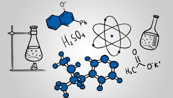 A colorful drawing showcasing various chemical substances alongside their corresponding symbols, highlighting the world of chemistry.