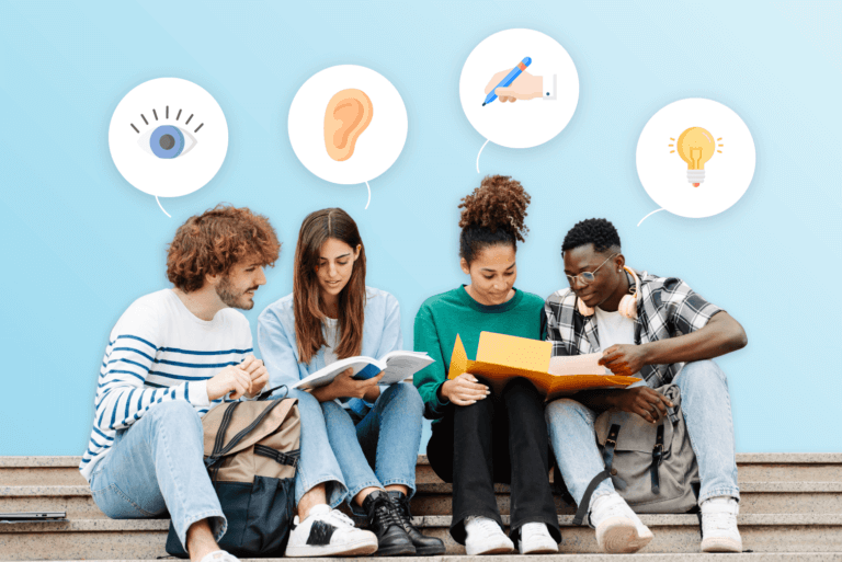 Four students sit on steps, reading and sharing notes, with thought bubbles above them. The bubbles contain icons of an eye, ear, hand writing, and light bulb, symbolizing different styles of learning. They appear focused and engaged in their studies.