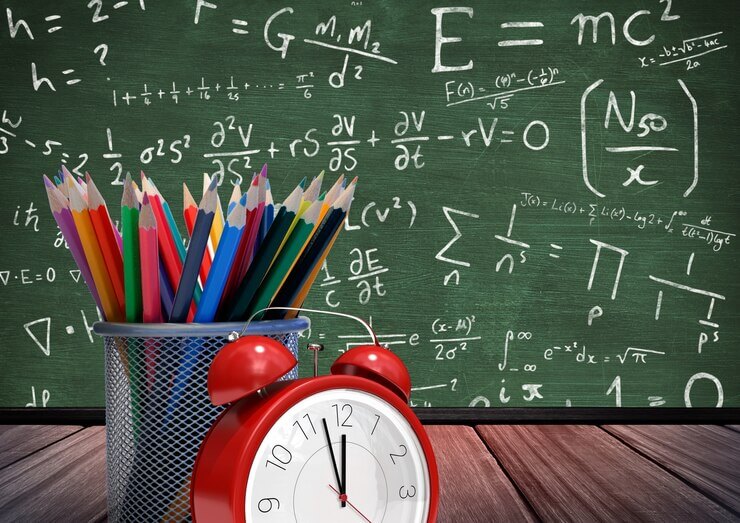 An alarm clock sits in front of a blackboard filled with various math formulas, blending time with mathematical concepts.