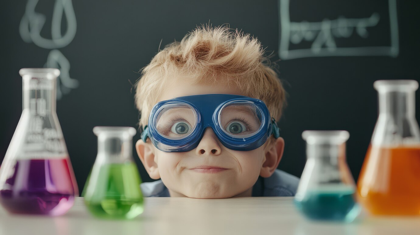 Science experiment setup with colorful chemicals in beakers on a lab desk.