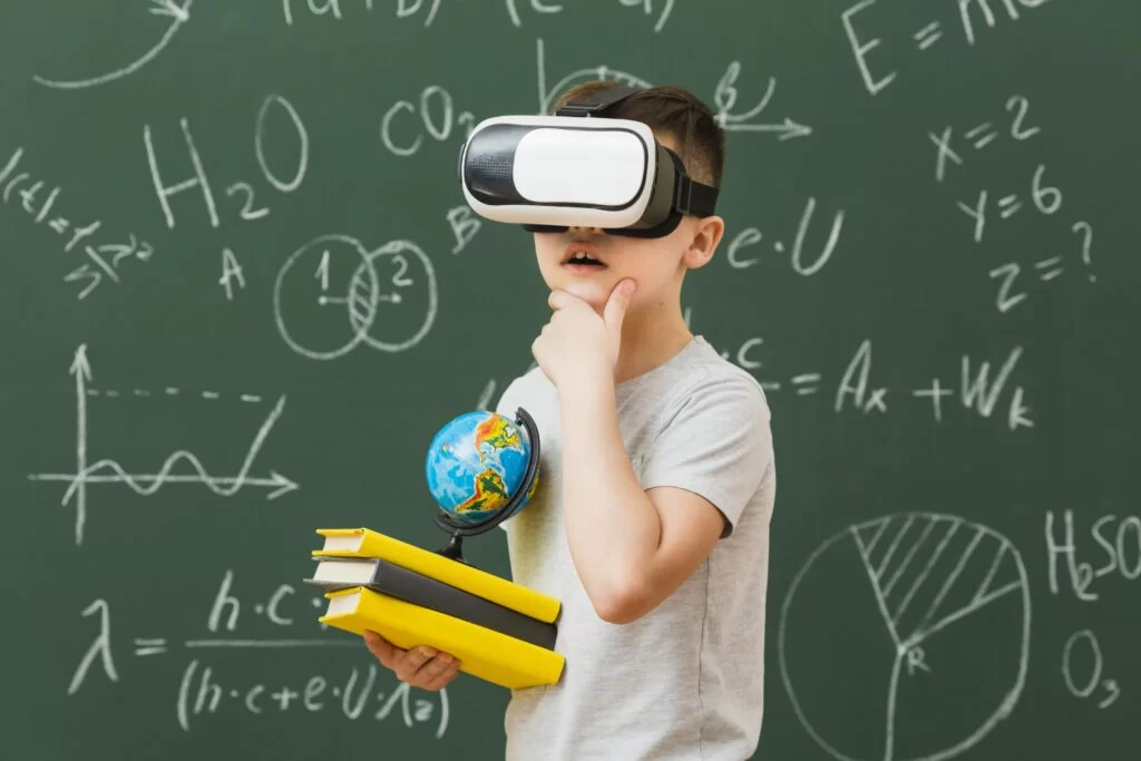 A boy wearing a virtual reality headset stands in front of a chalkboard filled with math and science equations, embodying the essence of visual learners. He holds a stack of books and a globe, appearing thoughtful and engaged.
