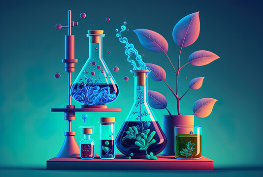 A laboratory featuring a plant alongside various liquid samples, symbolizing the intersection of nature and science in tutoring services.