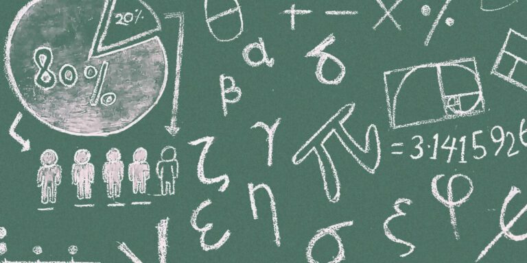 The chalkboard, reminiscent of A-Level maths, is filled with mathematical symbols, showcasing a pie chart split into 80% and 20%, the constant π, the number 3.14159265, and various Greek letters. Four illustrated figures debate whether advanced maths truly is hard.