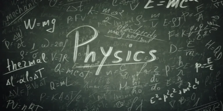 A chalkboard filled with various physics equations, including "E=mc²" and "thermal," showcases the complexity of the subject. The word "Physics" stands prominently at the center, surrounded by scribbles and formulas, reminiscent of lessons from physics tutors discussing costs in knowledge.