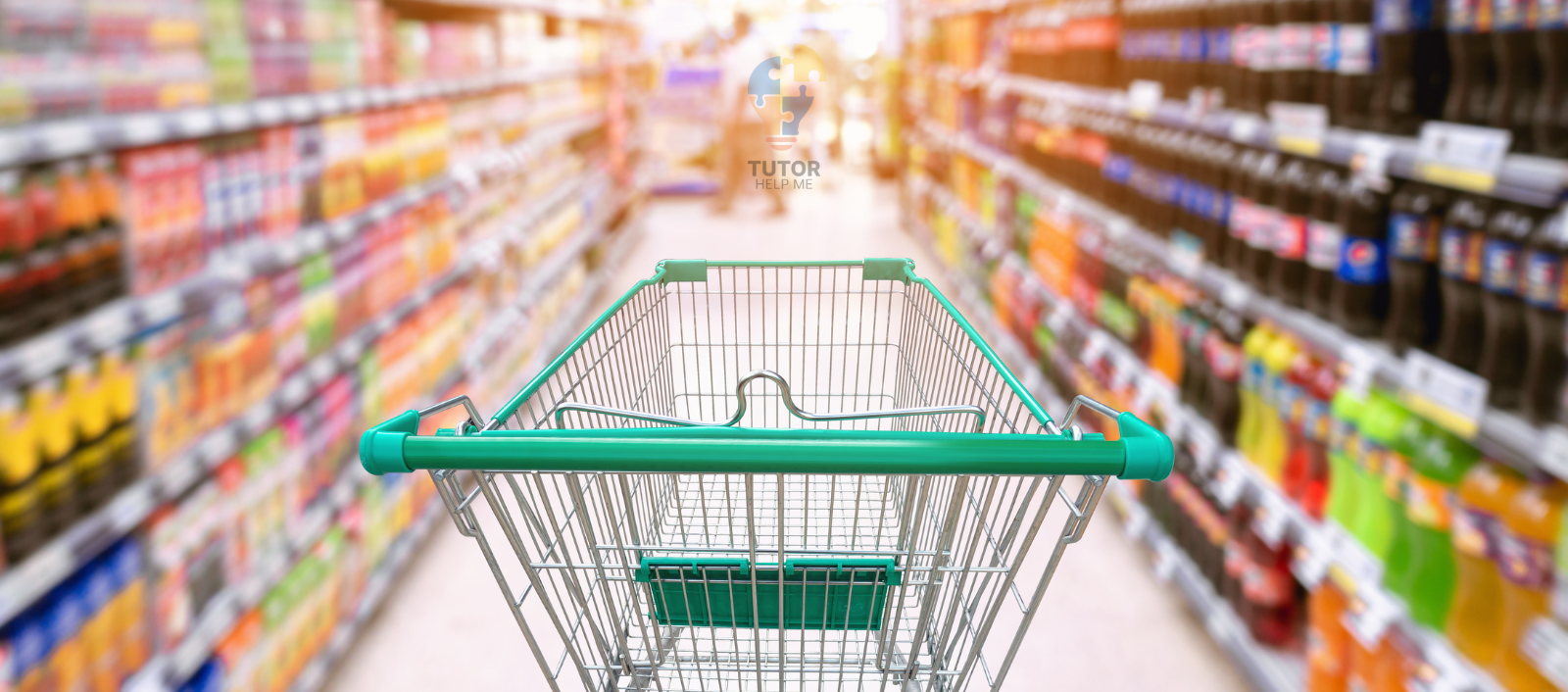 A shopping cart in a brightly lit grocery aisle, surrounded by colorful beverage shelves, with a blurred background.