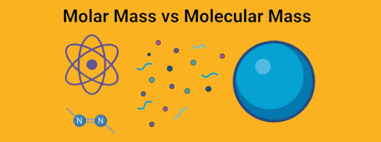 A diagram illustrating the difference between molar mass and molecular mass, highlighting their definitions and applications.