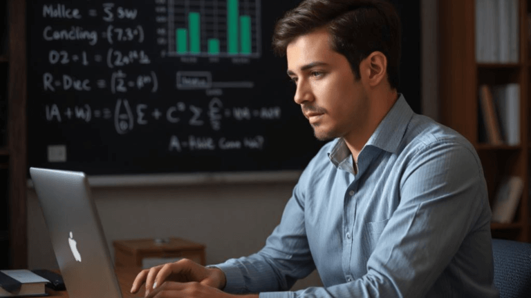 A man seated at a desk, focused on his laptop, exemplifying a dedicated tutor for GCSE Physics and Maths.