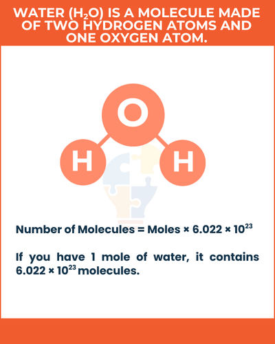 Illustration of a water molecule (H₂O) with two hydrogen and one oxygen atom, detailing molecular quantity calculations.