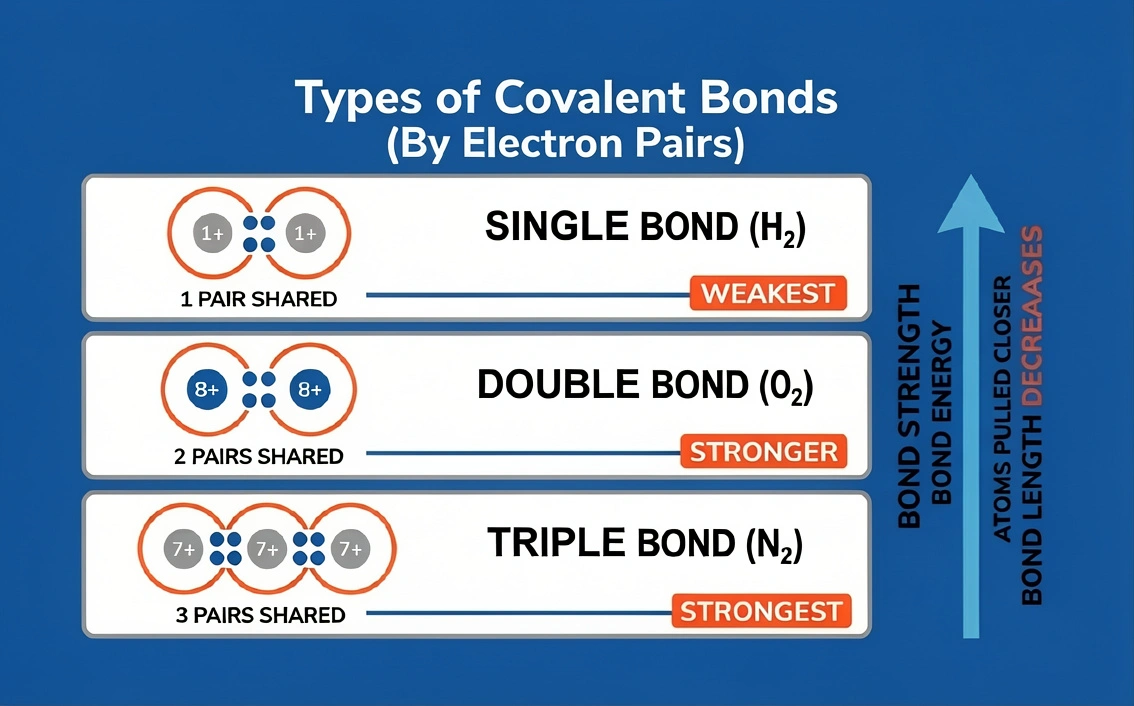 Diagram showing types of covalent bonds by electron pairs: single (1 pair, weakest), double (2 pairs, stronger), and triple (3 pairs, strongest).
