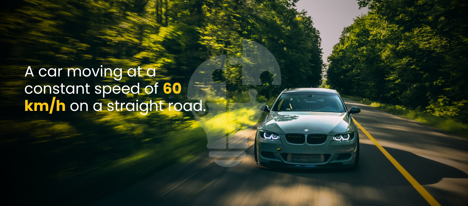 A gray BMW car driving on a straight road at a consistent speed of 60 km/h, surrounded by lush green trees.