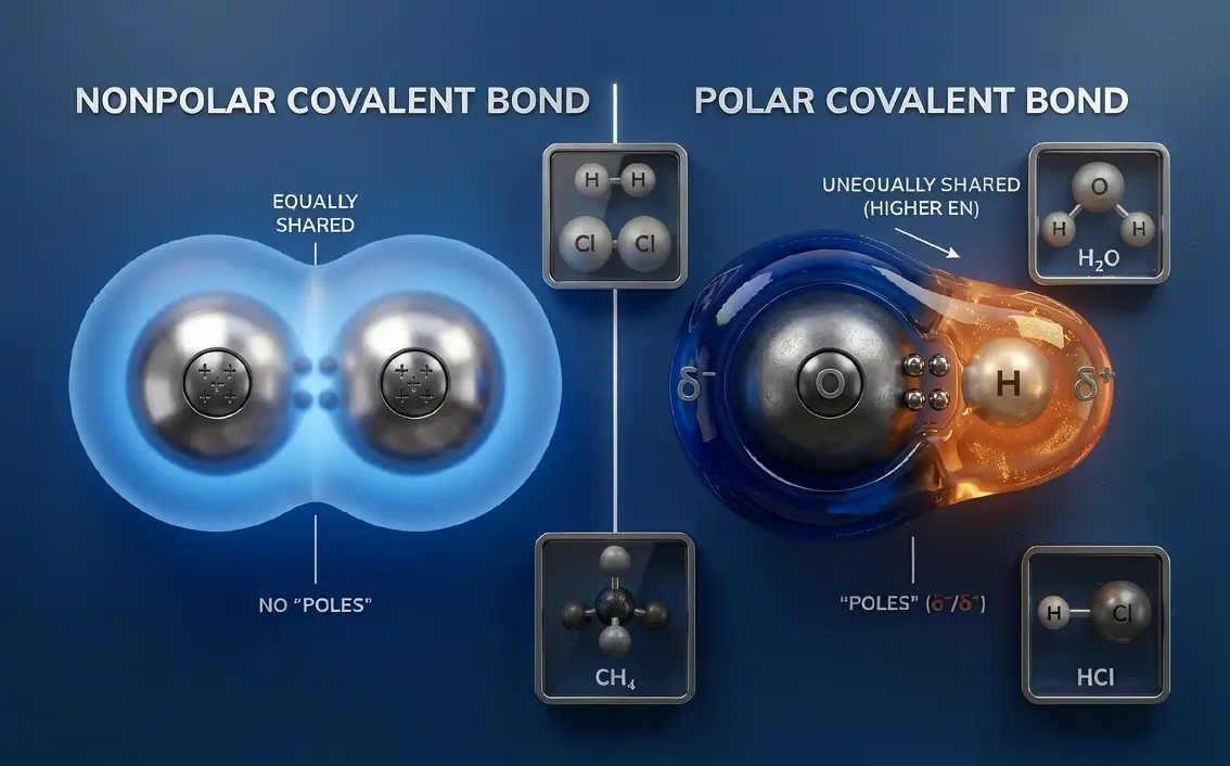 Diagram comparing nonpolar covalent bonds with equally shared electrons and no poles, to polar covalent bonds with unequally shared electrons and partial poles.