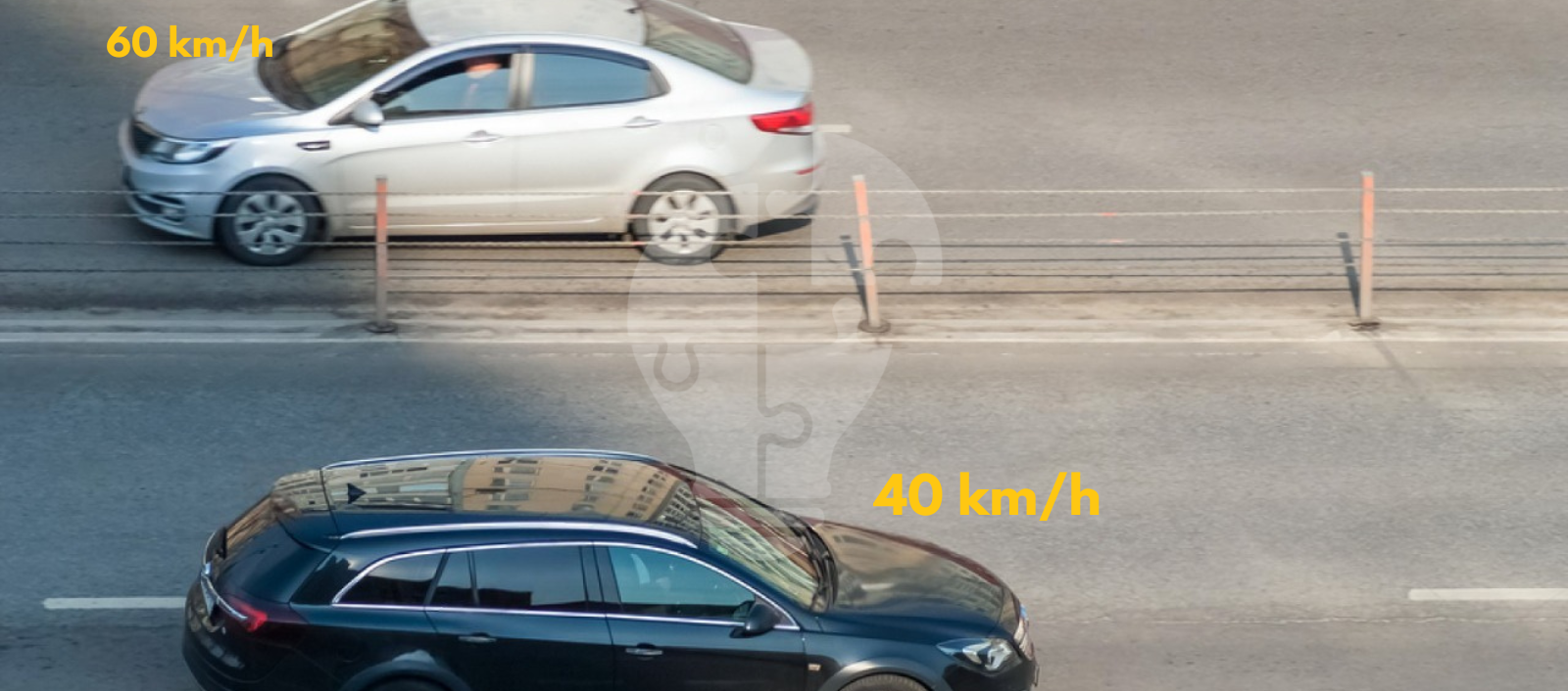 A silver car travels at 60 km/h while a black car moves at 40 km/h on a busy road, with speed indicators labeled nearby.