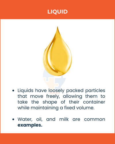 Bright orange background with a golden droplet symbolizes liquids. Text explains properties of liquids and gives common examples.