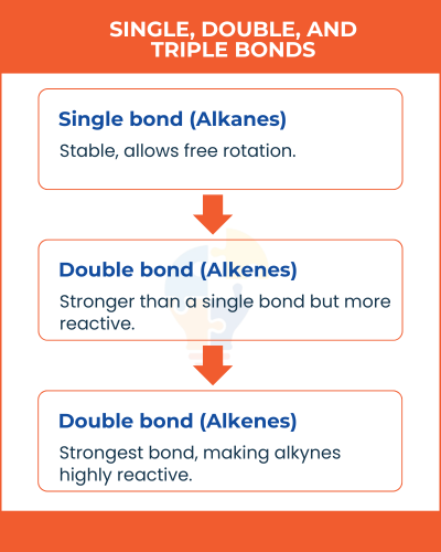 Infographic explaining single, double, and triple bonds in chemistry, highlighting their stability and reactivity.