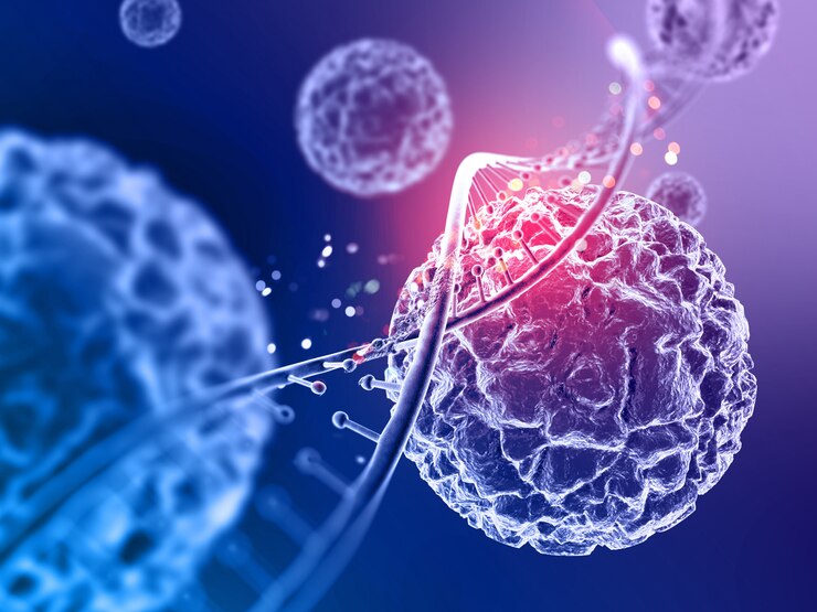 Abstract illustration of DNA strands intertwined with spherical cells on a gradient blue and purple background, symbolizing genetic research.