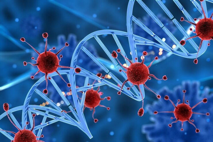 3D illustration of DNA strands intertwined with red viruses, set against a blue background, representing genetic research and virology.
