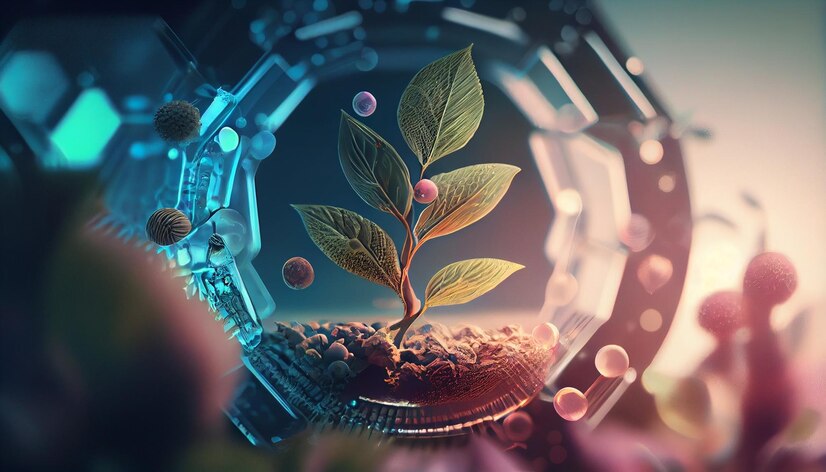 A futuristic depiction of a small plant emerging from soil inside a transparent structure, surrounded by colorful atoms and molecules.