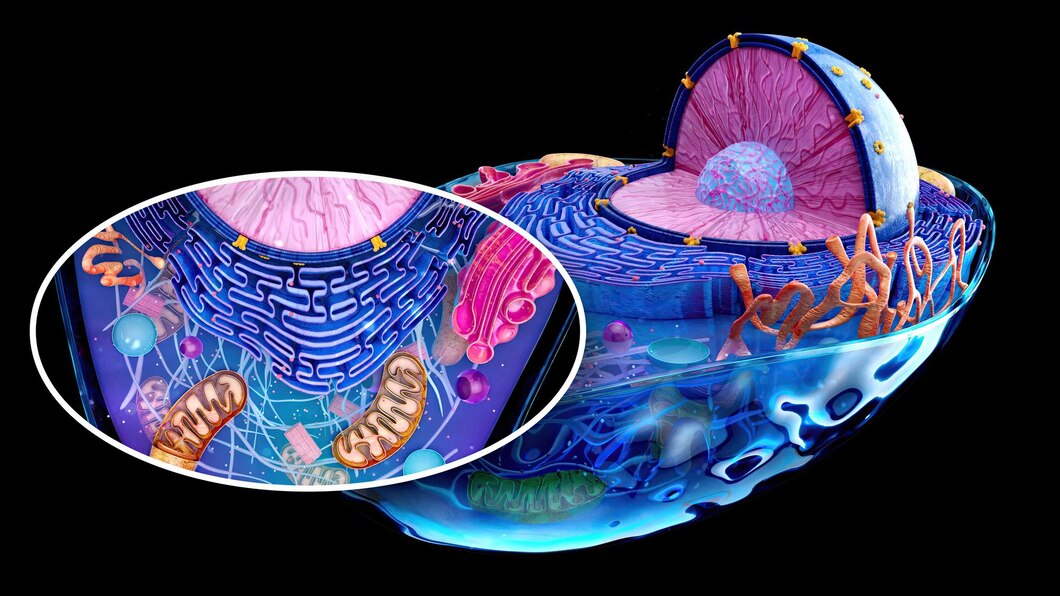 3D illustration of a cell with detailed organelles like mitochondria and endoplasmic reticulum, emphasizing cellular structure and function.