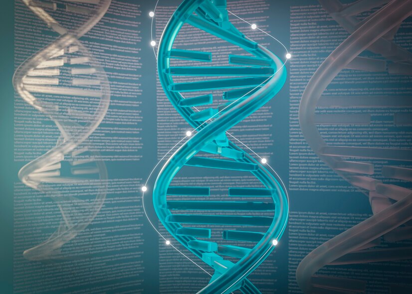 A digital representation of turquoise DNA strands against a background of text, symbolizing genetic research and biotechnology.