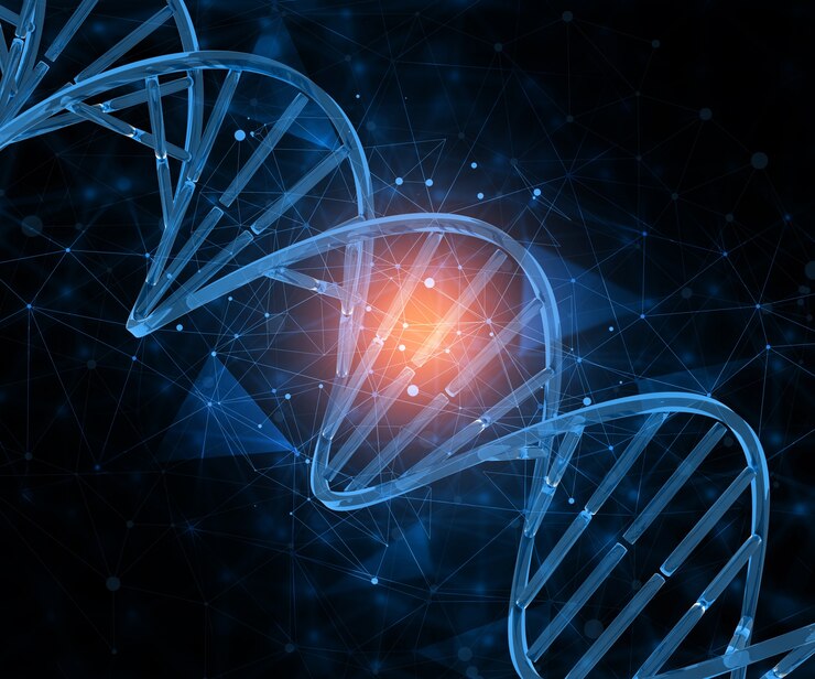 A glowing DNA double helix structure surrounded by a network of blue and orange particles against a dark background.