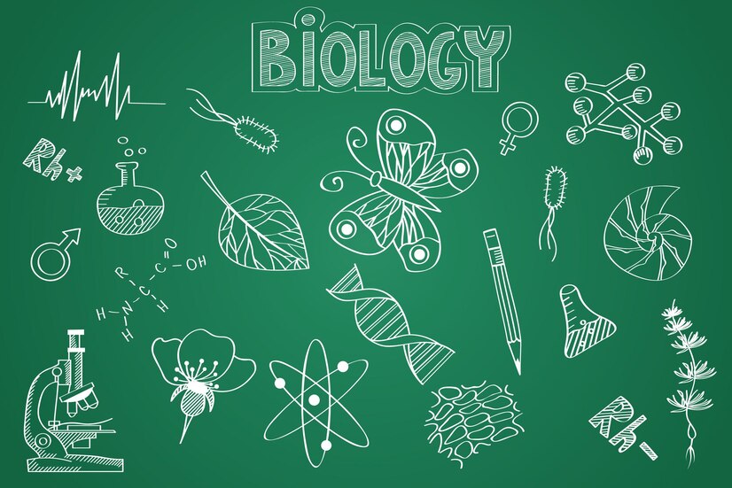A chalkboard illustration featuring various biology-themed sketches, including a microscope, DNA, plants, and molecular structures.