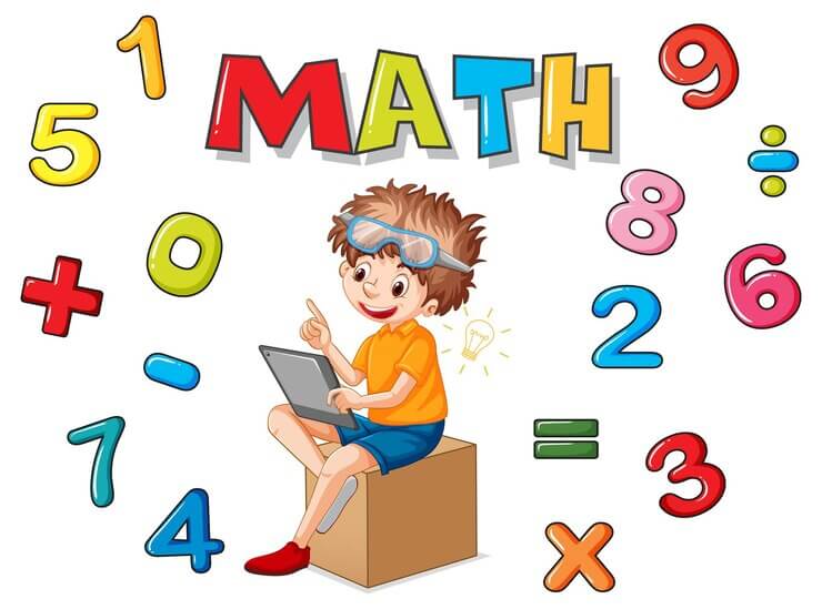 A cheerful boy in an orange shirt sits on a box, excitedly solving math problems on a tablet, surrounded by colorful numbers and symbols.