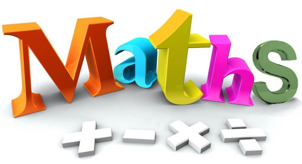 Colorful 3D letters spelling "Maths" with mathematical symbols (+, -, ×, ÷) below, on a white background.