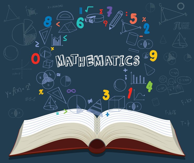 An open math book surrounded by colorful numbers, shapes, and mathematical symbols against a dark background.