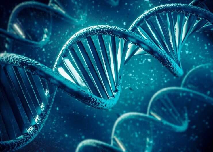 A close-up view of a twisting, illuminated DNA double helix against a dark, cosmic background, highlighting its intricate structure and design.