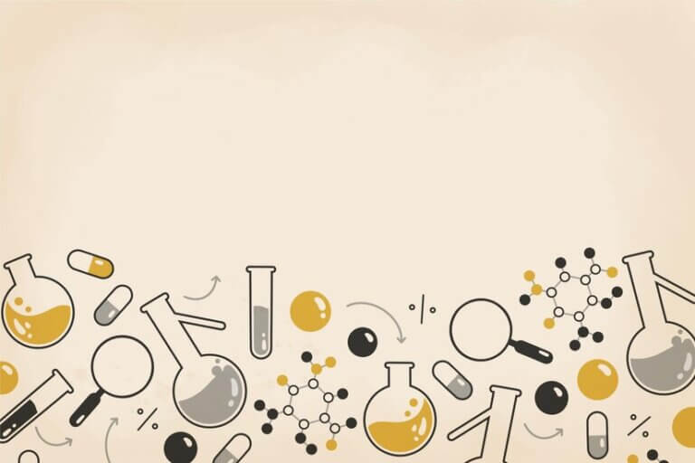 Illustration of laboratory glassware, chemicals, and molecular structures in black and yellow on a light beige background.