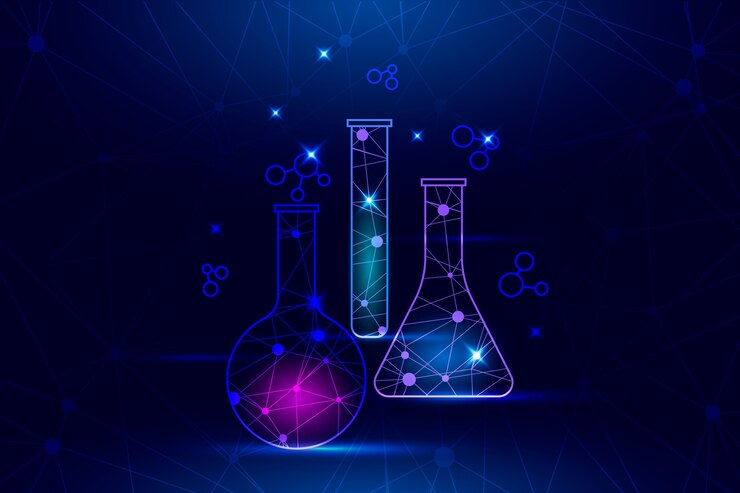 Three glowing chemical flasks with geometric patterns, set against a dark blue background with molecular structures and sparkles.