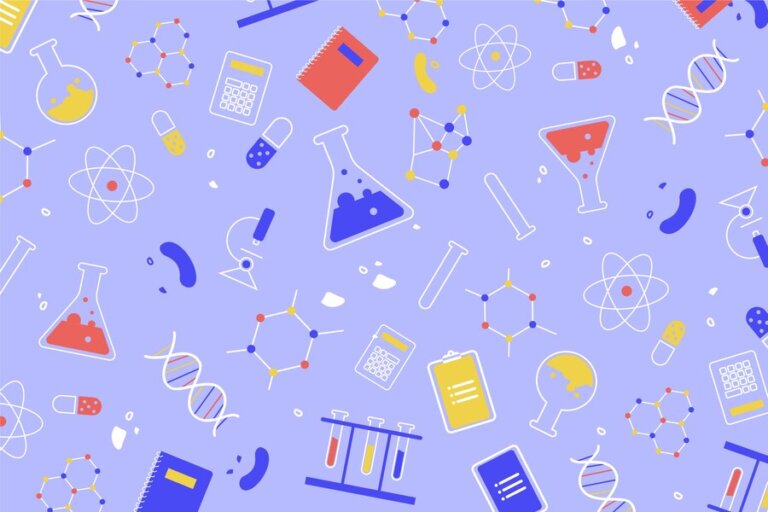 A colorful pattern featuring science-related icons like lab equipment, molecules, atoms, and calculators on a light purple background.