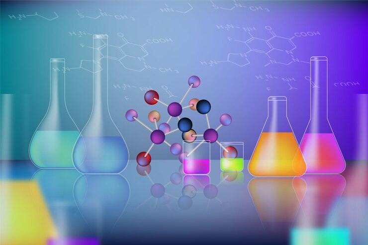 Colorful laboratory glassware filled with liquids and molecular structures set against a gradient background with chemical formulas.