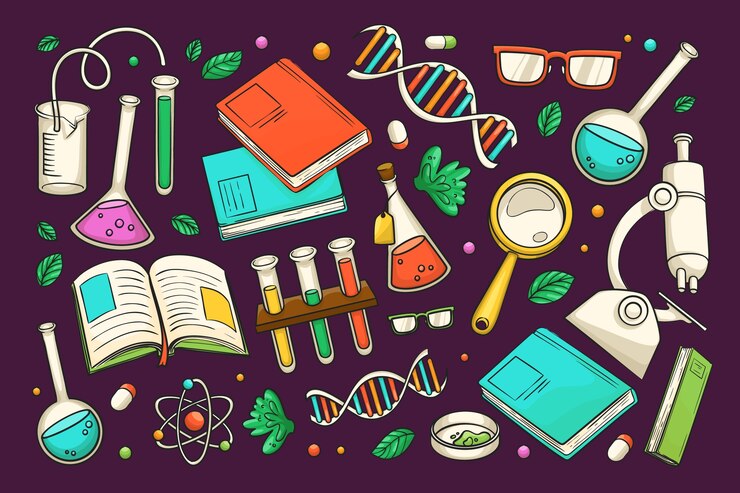 A vibrant assortment of science-themed items, including beakers, books, a microscope, DNA strands, and leaves, on a purple background.