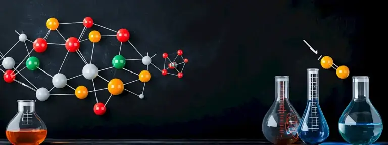 A molecular structure visualization on a blackboard alongside three flasks with colored liquids, showcasing chemistry and scientific exploration.