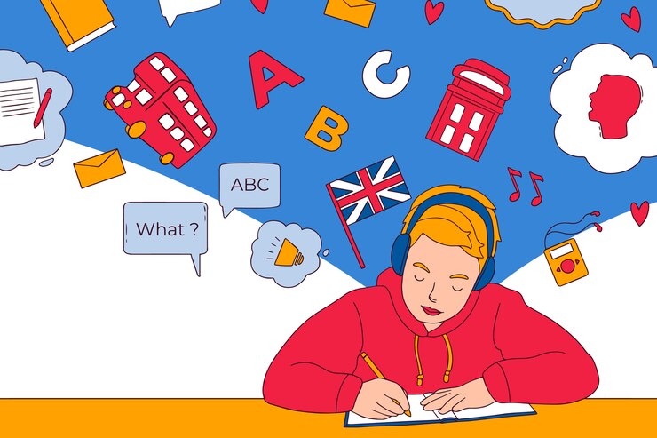 A person wearing headphones sits at a desk, writing, surrounded by colorful icons representing learning and communication concepts.