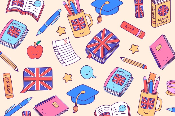 A colorful pattern featuring educational items like books, pens, and a graduation cap, all adorned with British flags and cheerful faces.