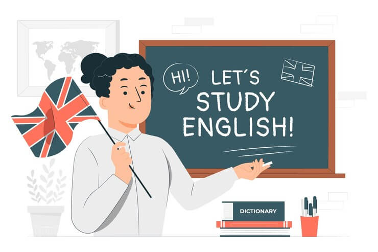 A teacher holds a British flag and gestures towards a chalkboard that reads, "LET'S STUDY ENGLISH!" with a dictionary nearby.
