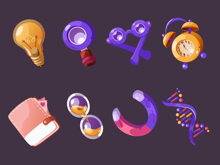 Icons of a light bulb, magnifying glass, glasses, alarm clock, wallet, hourglass, a curved object, and DNA strand on a dark background.