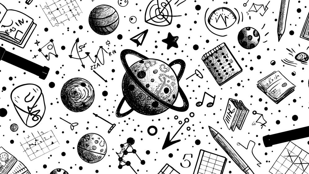 A black and white pattern featuring planets, stars, scientific symbols, and stationery items like pens and notebooks.