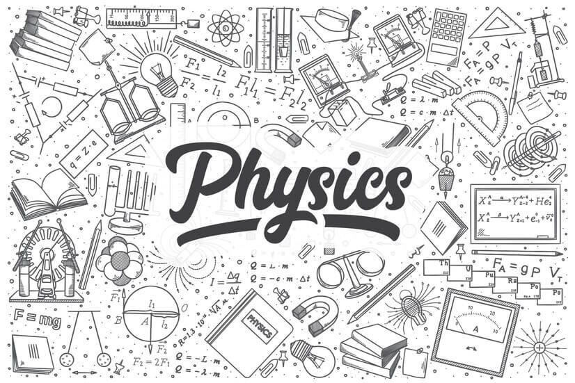 Alt text: A hand-drawn sketch featuring the letters "Fi_ 12 FL= F2l2" and "F2 . 11" along with the word "Physics" and an equation reading "A =9P V." The illustration is simple, consisting of line art and doodle elements.