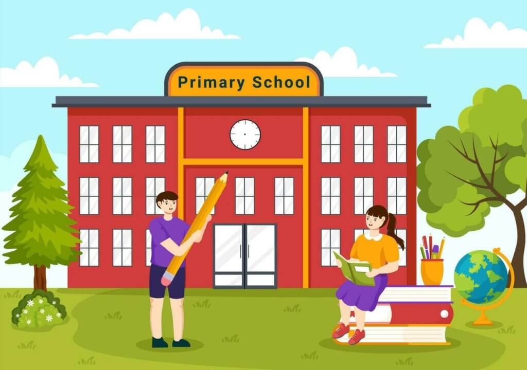 A colorful illustration of a primary school building with children, one holding a large pencil and the other reading on books in a green park.