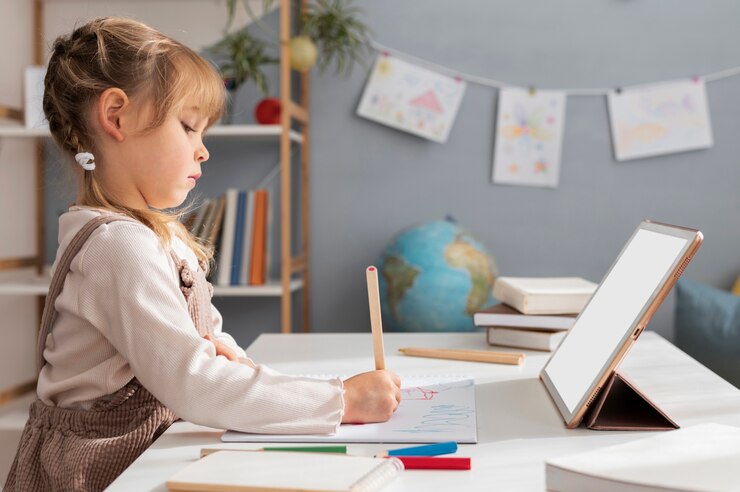 A child draws with a colored pencil at a table, with books and a digital tablet nearby, in a bright, cozy room.