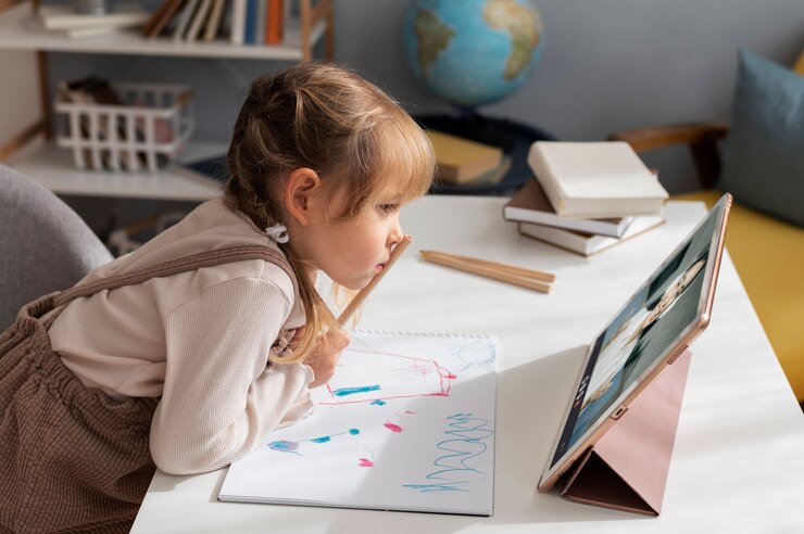 A child sits at a desk, drawing in a notebook while attending an online class on a tablet, surrounded by books and art supplies.