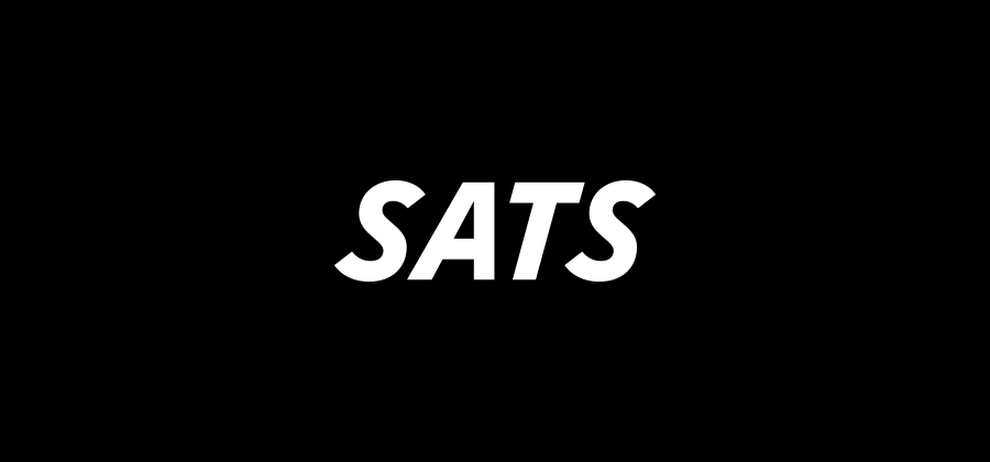 A logo featuring the word "SATS" in a bold, modern font, designed in black and white. The graphic emphasizes clean lines and strong typography, making it visually striking.