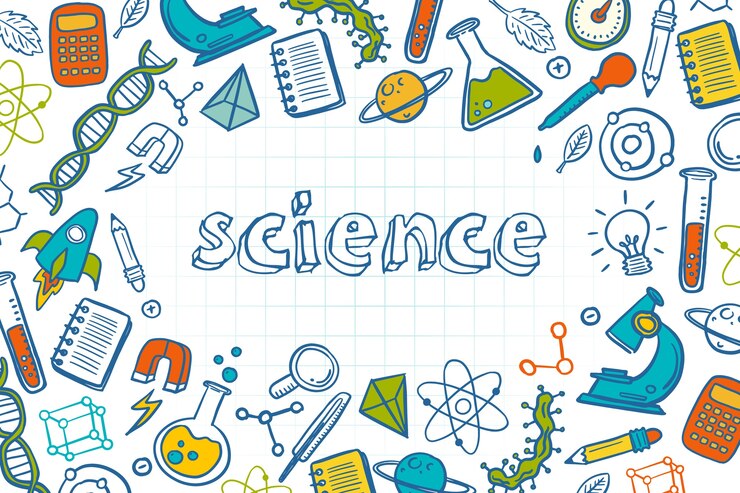 Colorful doodles of science icons like rockets, test tubes, and DNA surrounding the word "science" in the center on graph paper.