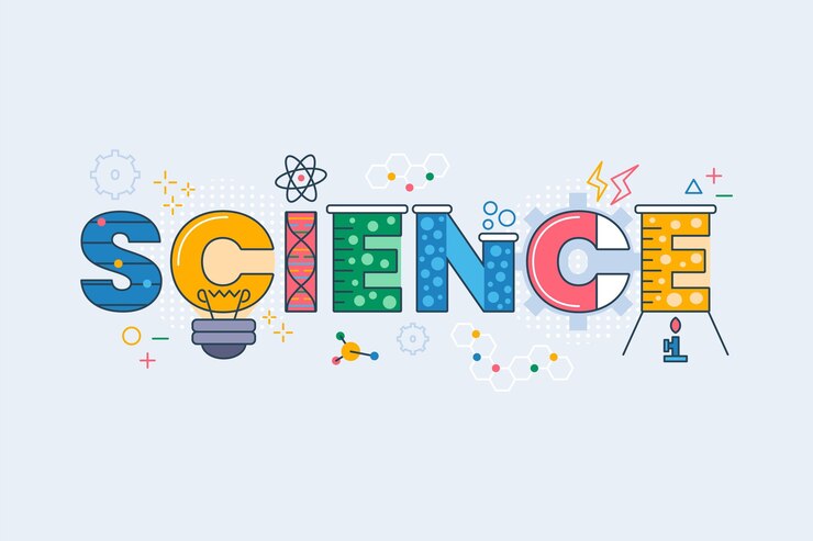 Colorful graphic spelling "SCIENCE" with elements like test tubes, light bulbs, and atomic symbols, representing scientific exploration.
